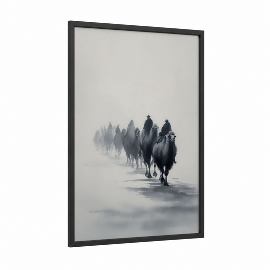 Desert Caravan framed camel print — black wood frame — gray and black and white palette