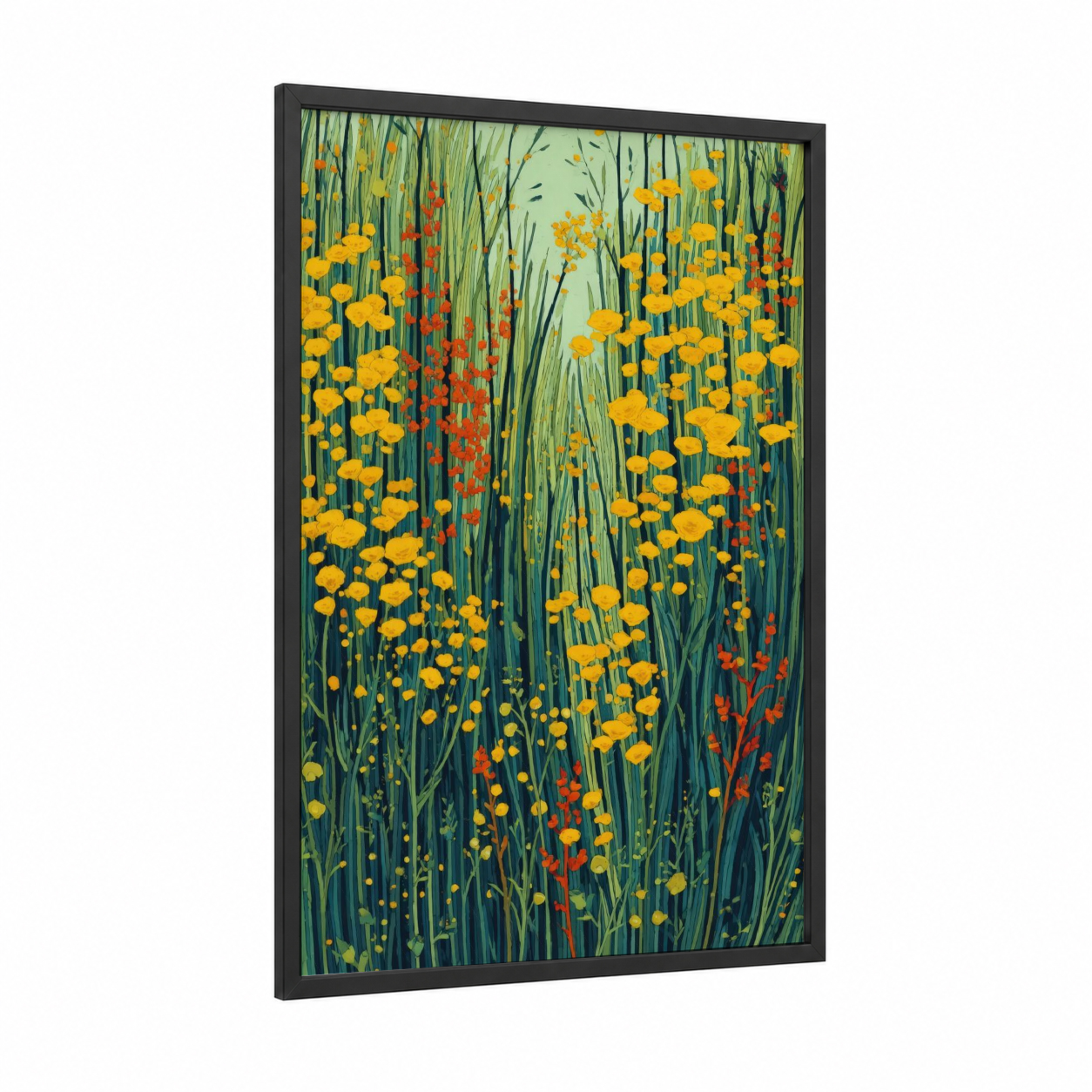 Wildflower Meadow framed grass print — black wood frame — yellow gold and green palette