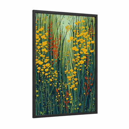 Wildflower Meadow framed grass print — black wood frame — yellow gold and green palette