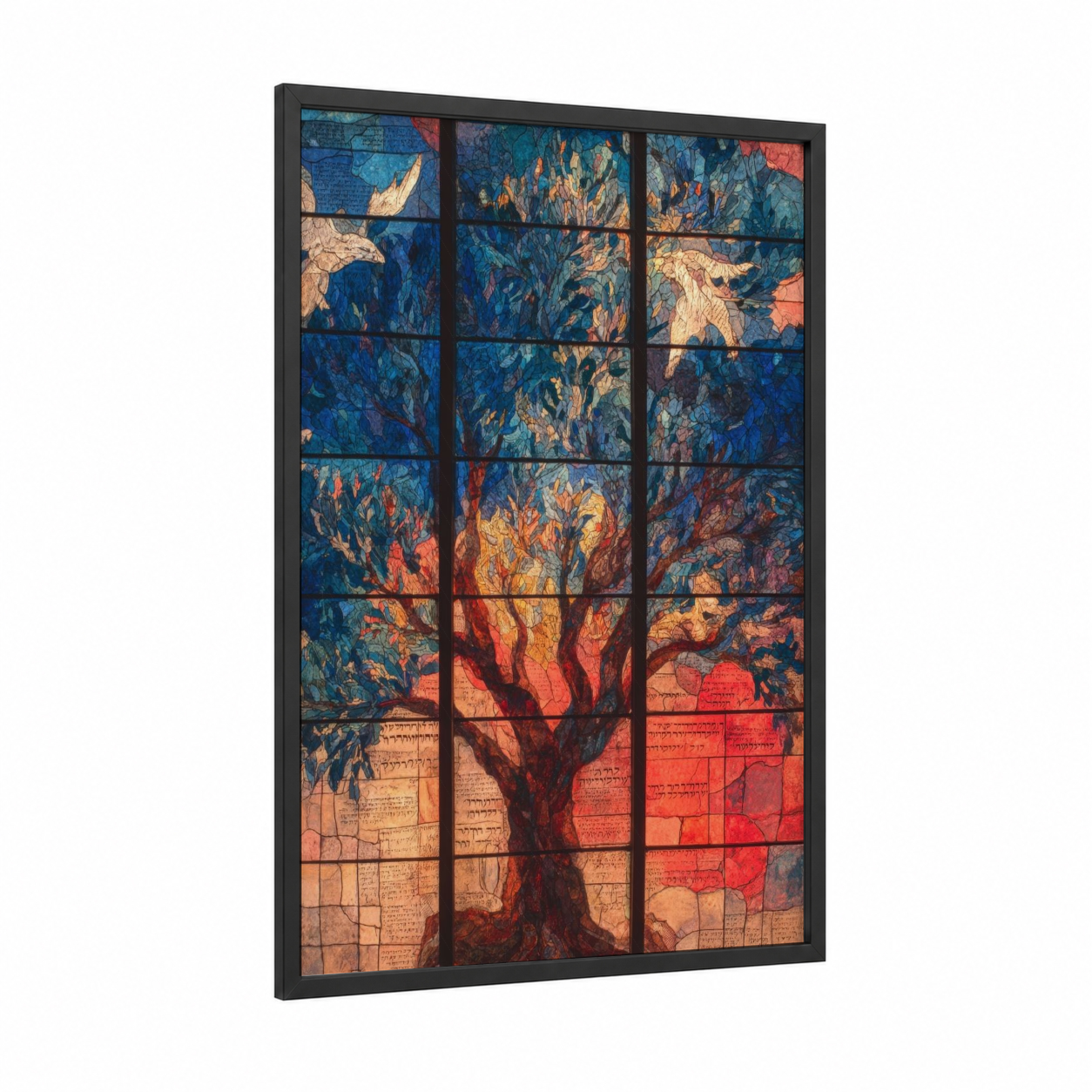 Sacred Tree Window framed judaism print — black wood frame — blue and gold palette