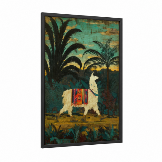 Peruvian Llama framed art print — black wood frame — teal and gold palette