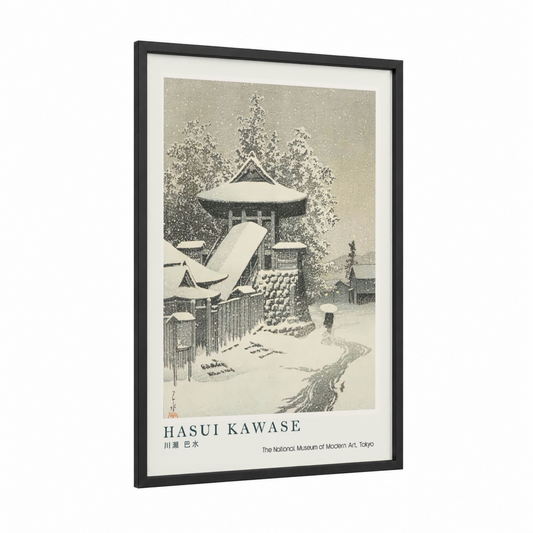 Snowy Temple Garden framed art print — black wood frame — black and white and cream palette