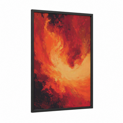 Crimson Nebula framed art print — black wood frame — red and yellow gold palette