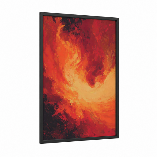 Crimson Nebula framed art print — black wood frame — red and yellow gold palette