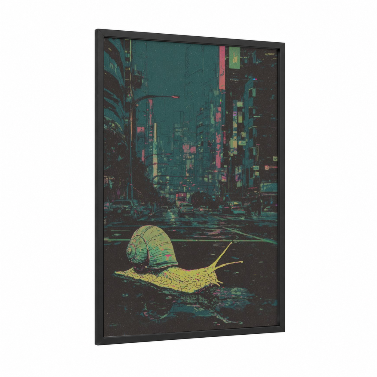 Urban Snail framed art print — black wood frame — teal and magenta palette