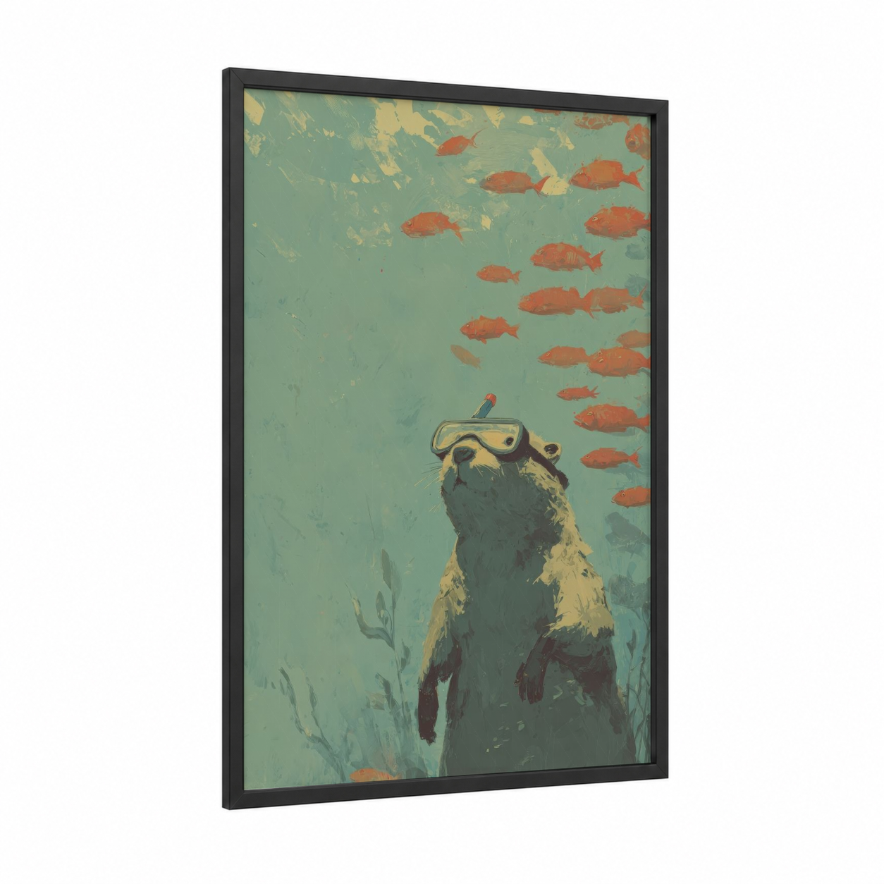 Snorkeling Beaver framed art print — black wood frame — sage green and russet palette
