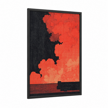Crimson Fireplace framed art print — black wood frame — red and black palette