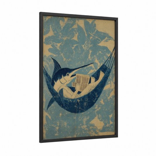Marlin Reader framed art print — black wood frame — blue and cream palette