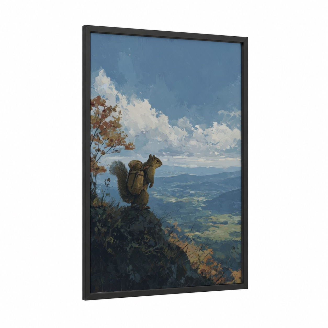 Mountain Adventurer Squirrel framed art print — black wood frame — blue and gold palette