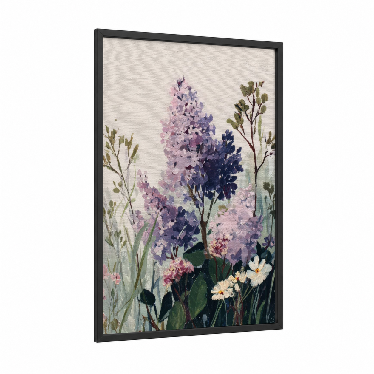 Purple Lilac Garden framed art print — black wood frame — lavender and light green palette