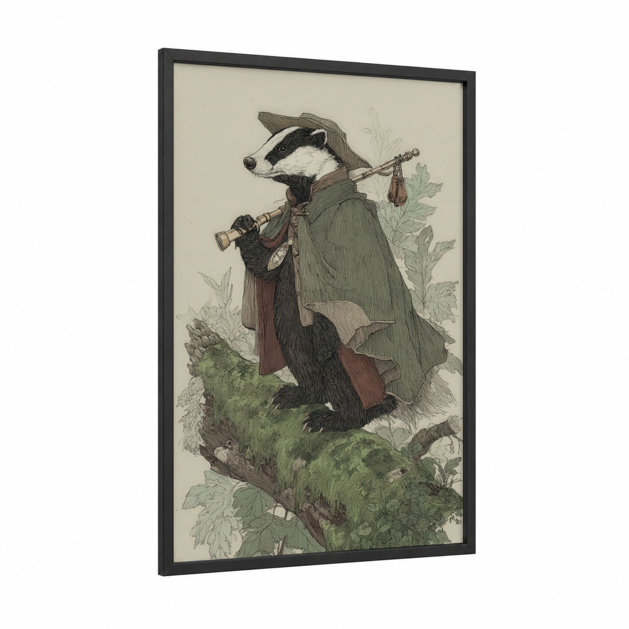 Explorer Badger framed art print — black wood frame — sage green and beige palette
