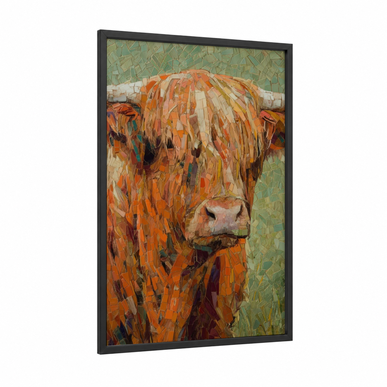 Russet Highland Cow framed art print — black wood frame — russet and sage green palette
