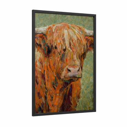Russet Highland Cow framed art print — black wood frame — russet and sage green palette