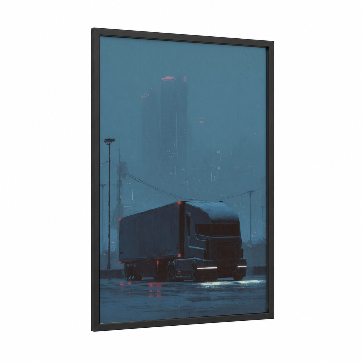 Neon Truck framed art print — black wood frame — blue and black and red palette