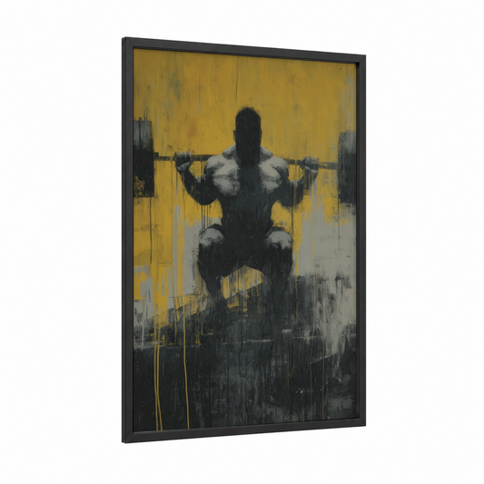 Squats Champion framed bodybuilding print — black wood frame — yellow gold and black palette