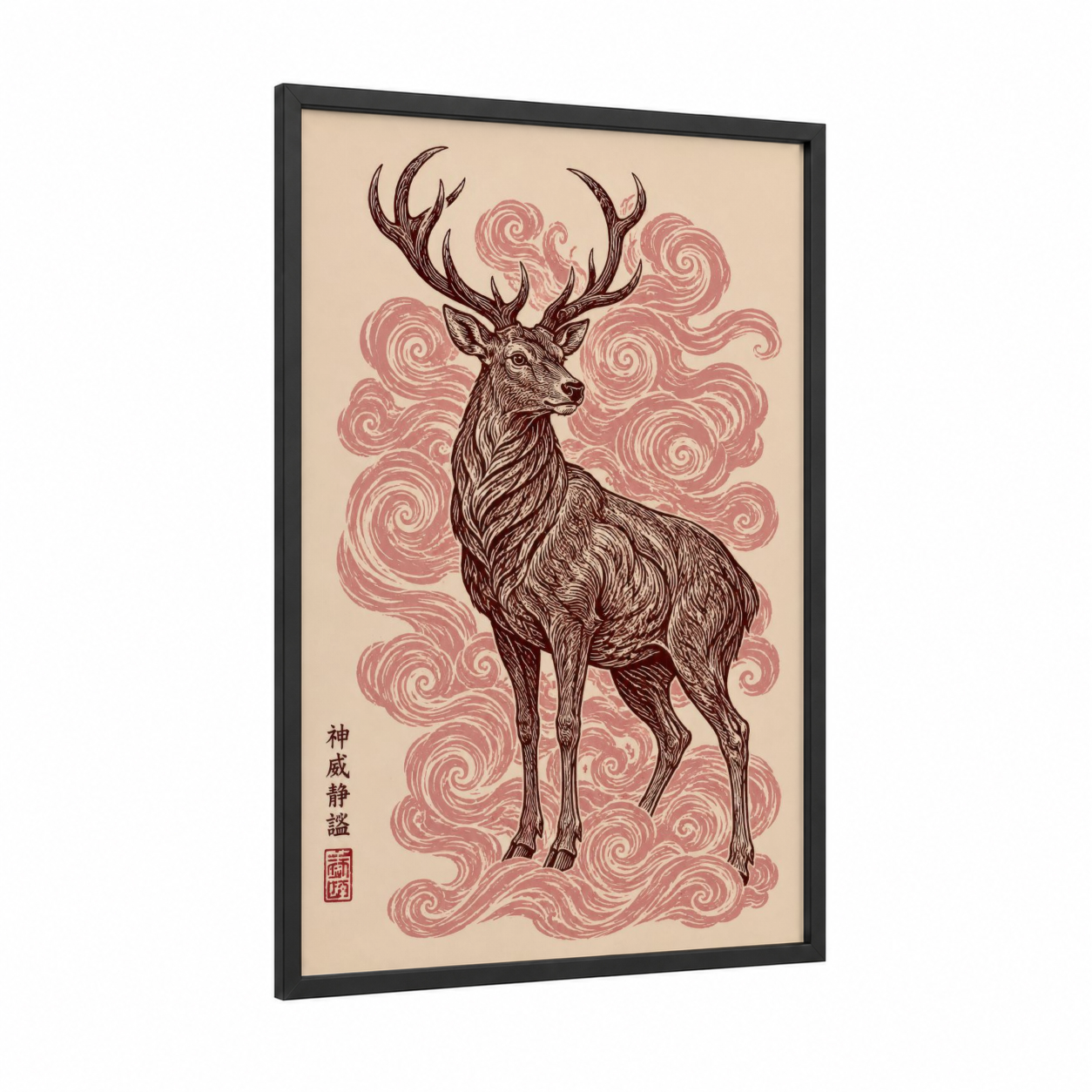 Japanese Deer Woodblock Wall Art framed art print — black wood frame — beige and salmon pink palette