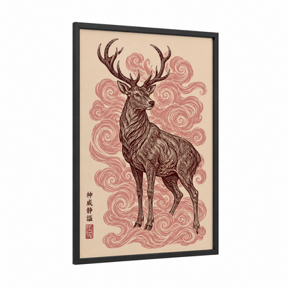 Japanese Deer Woodblock Wall Art framed art print — black wood frame — beige and salmon pink palette