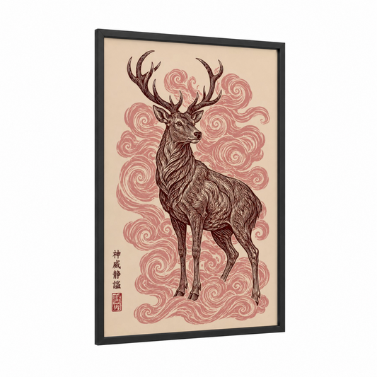 Japanese Deer Woodblock Wall Art framed art print — black wood frame — beige and salmon pink palette