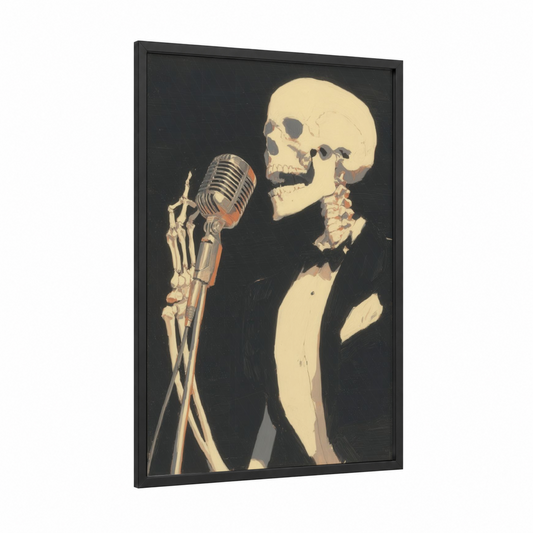 Singing Skeleton framed halloween print — black wood frame — cream and black palette