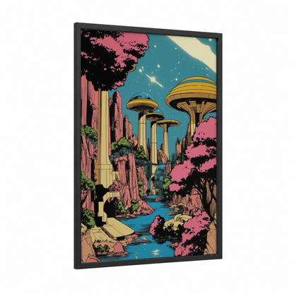 Retro Sci-Fi Landscape framed comic books print — black wood frame — blue and gold and pink palette