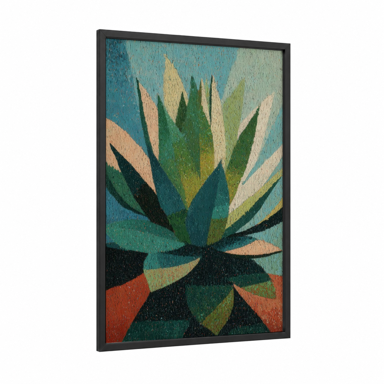 Geometric Succulent framed art print — black wood frame — teal and orange palette