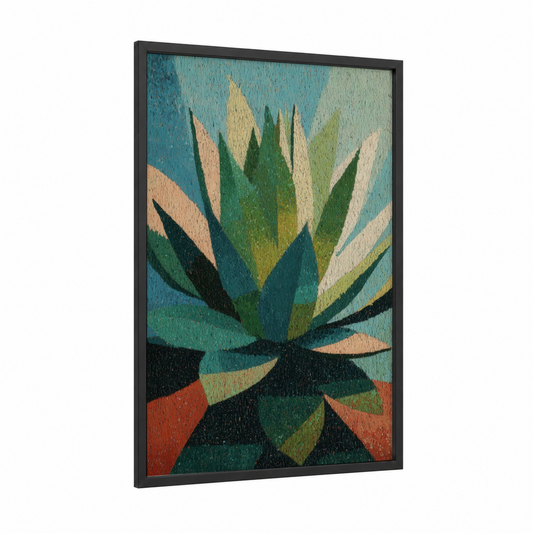 Geometric Succulent framed art print — black wood frame — teal and orange palette