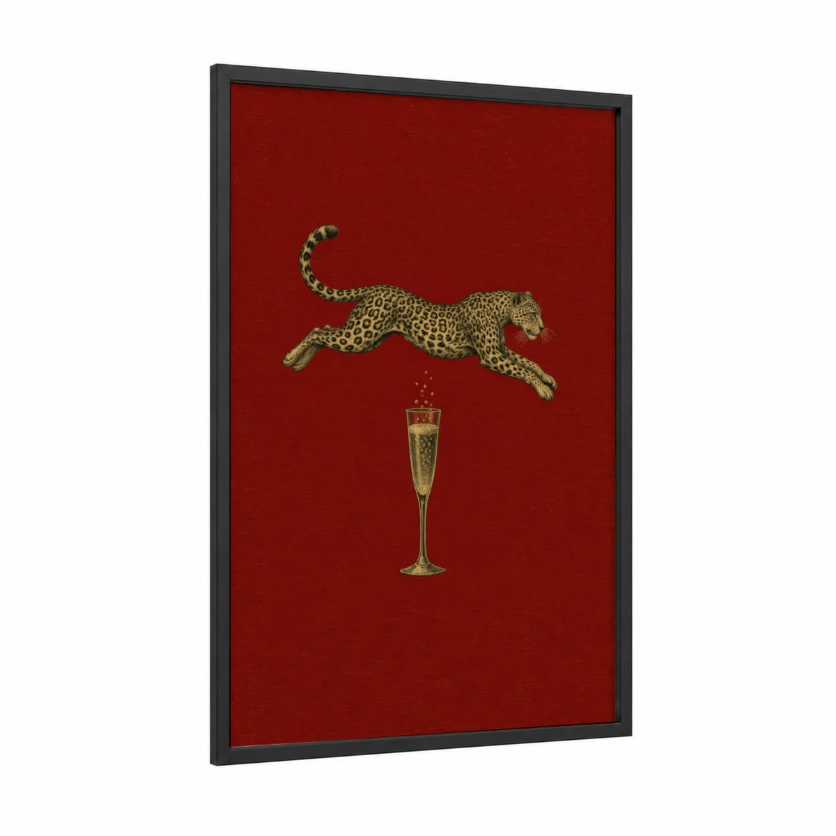 Leopard and Champagne Luxe Wall Art framed art print — black wood frame — red and gold palette