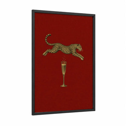 Leopard and Champagne Luxe Wall Art framed art print — black wood frame — red and gold palette