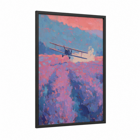 Vintage Propeller Plane framed art print — black wood frame — pink and blue palette