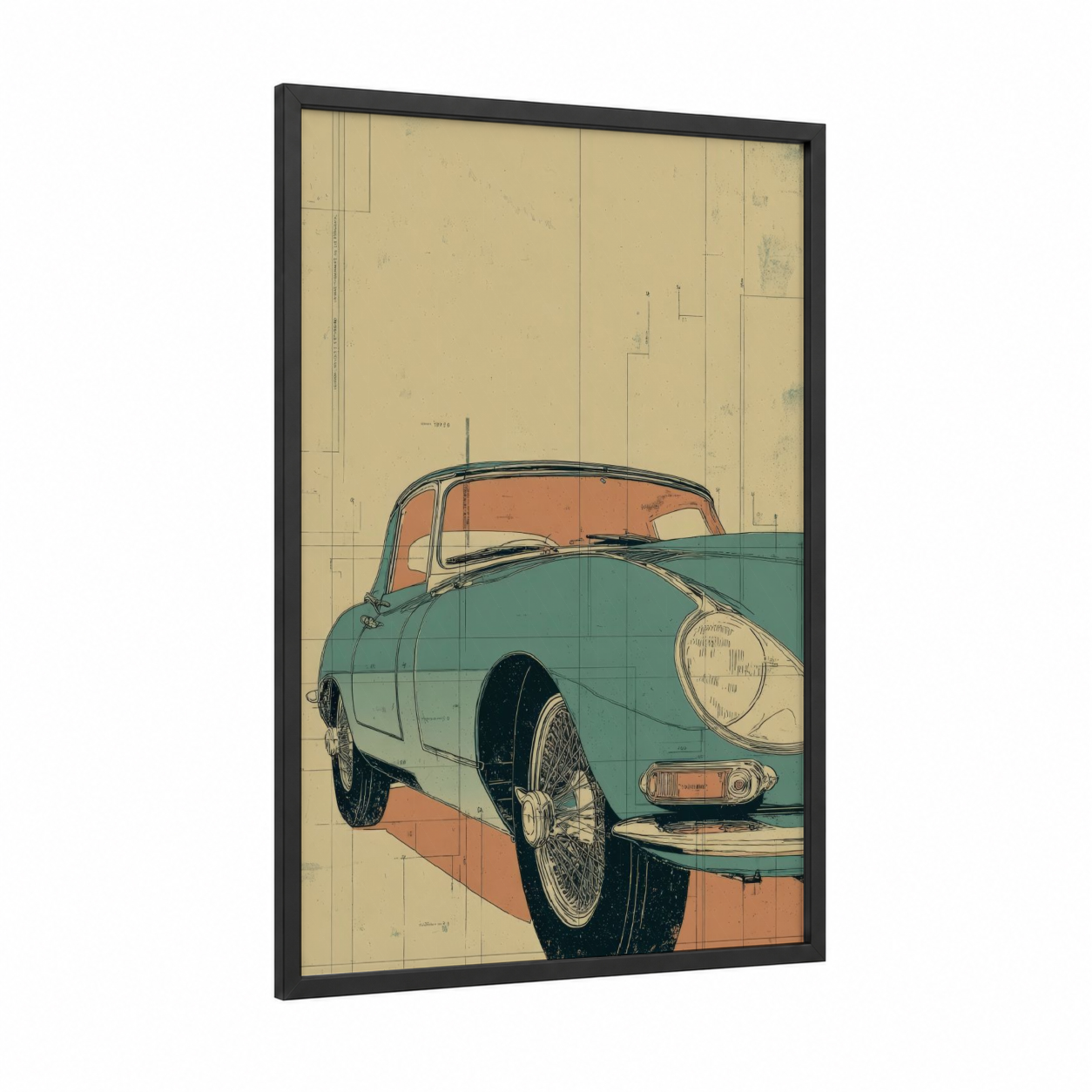 Turquoise Classic Coupe framed classic car print — black wood frame — teal and peach palette