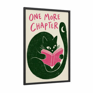 Reading Cat With Book Wall Art framed art print — black wood frame — green and pink palette