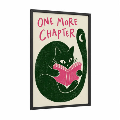 Reading Cat With Book Wall Art framed art print — black wood frame — green and pink palette