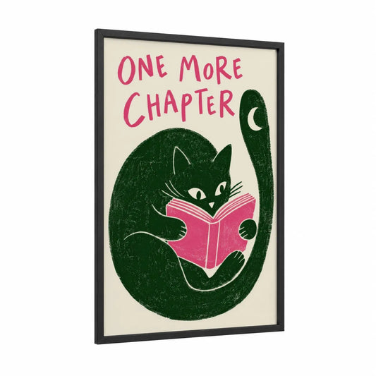 Reading Cat With Book Wall Art framed art print — black wood frame — green and pink palette
