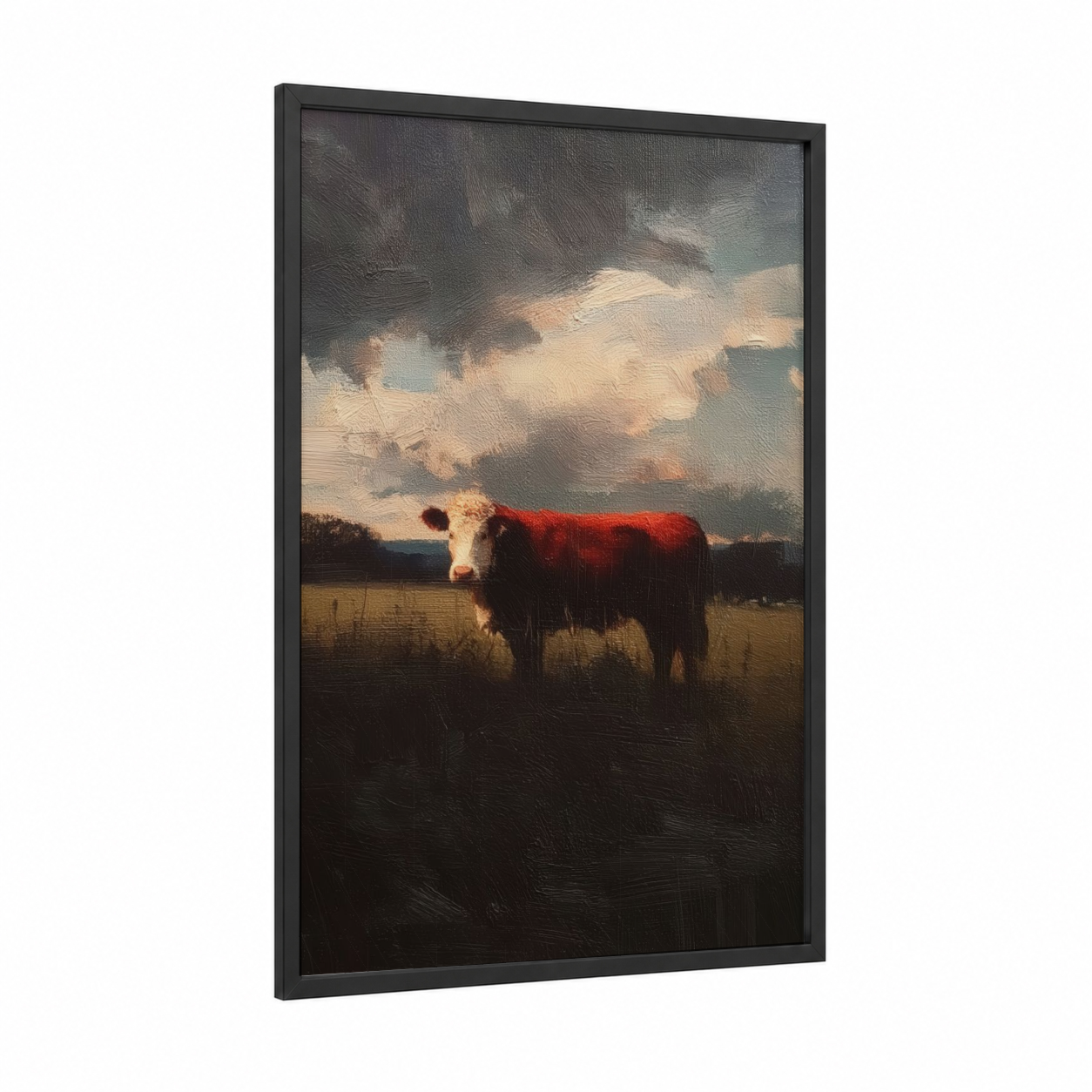 Hereford at Dusk framed hereford cow print — black wood frame — gold and gray palette
