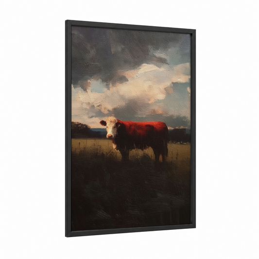 Hereford at Dusk framed hereford cow print — black wood frame — gold and gray palette