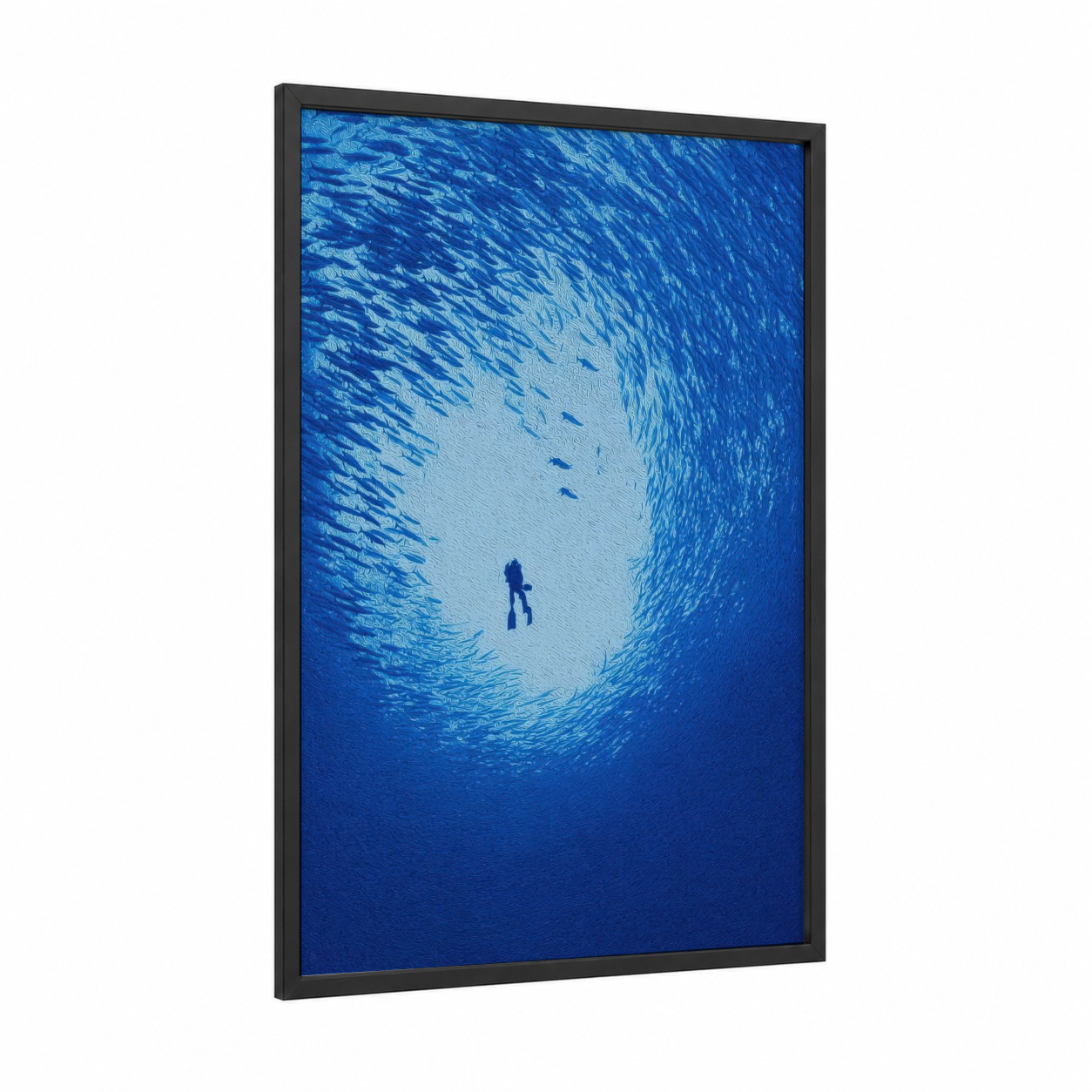 Solitary Descent framed diving print — black wood frame — blue and aquamarine palette
