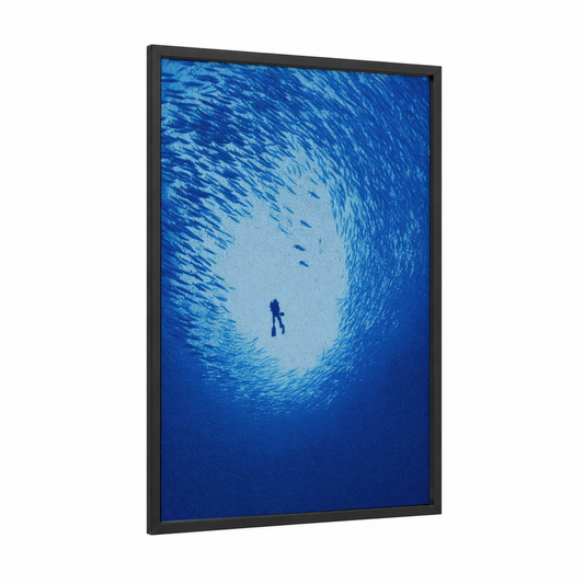 Solitary Descent framed diving print — black wood frame — blue and aquamarine palette