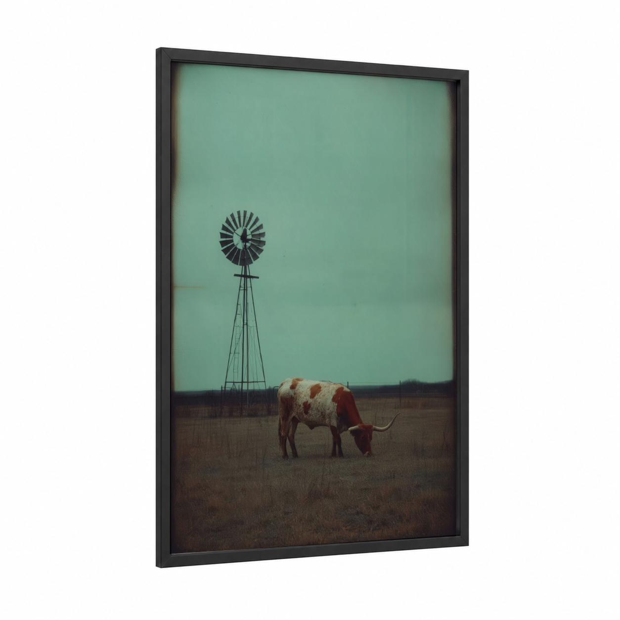Windmill Longhorn framed longhorn cow print — black wood frame — sage green and brown palette