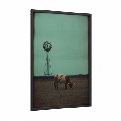 Windmill Longhorn framed longhorn cow print — black wood frame — sage green and brown palette