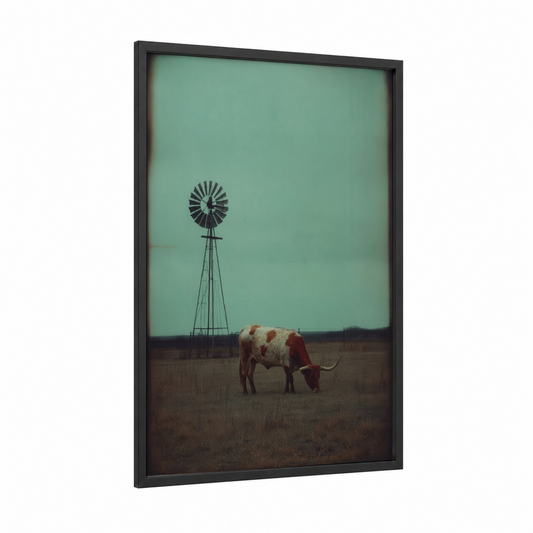 Windmill Longhorn framed longhorn cow print — black wood frame — sage green and brown palette