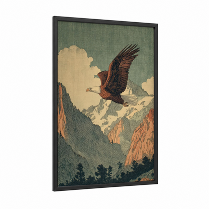 Alpine Eagle framed sierra nevada print — black wood frame — sage green and russet palette