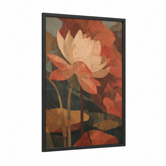 Cream Lotus framed art print — black wood frame — orange and cream palette