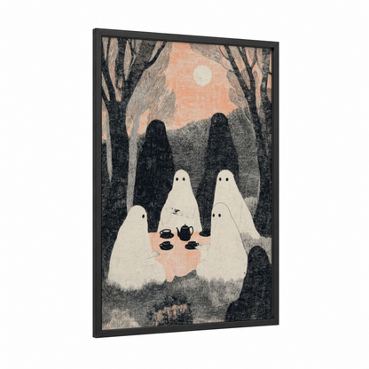 Ghostly Tea Party framed halloween print — black wood frame — peach and black and white palette
