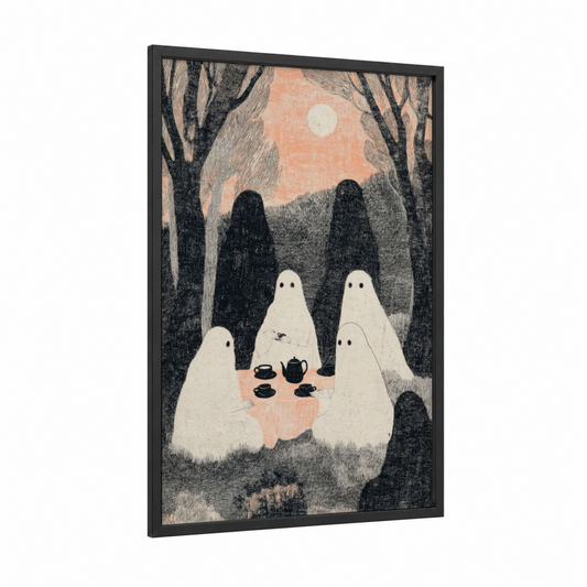 Ghostly Tea Party framed halloween print — black wood frame — peach and black and white palette