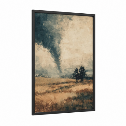 Stormy Tornado Landscape framed art print — black wood frame — gray and beige palette