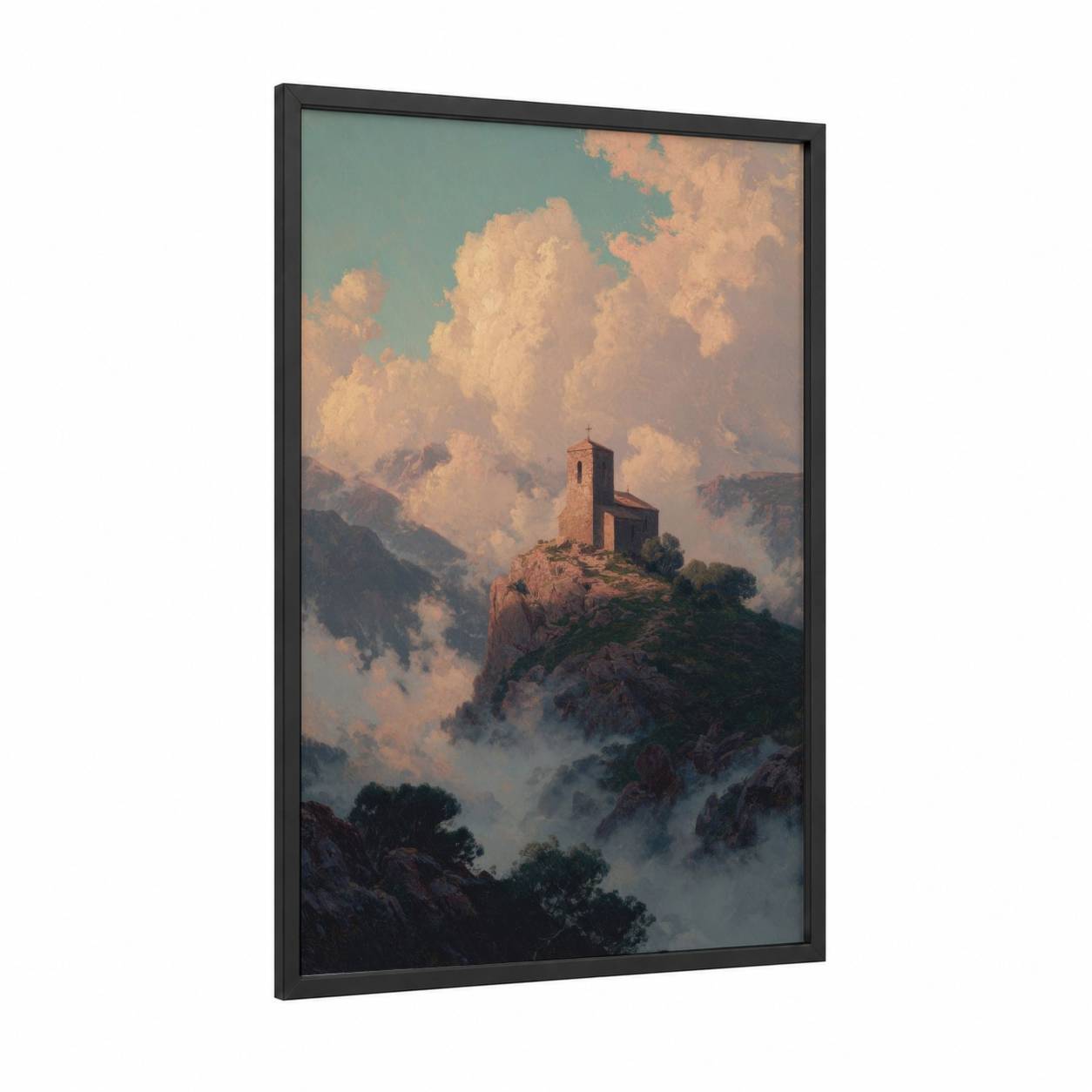 Mountain Chapel framed churches and chapels print — black wood frame — cream and sage green palette