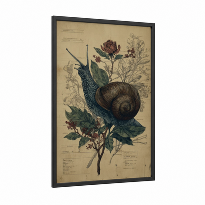 Garden Snail Study framed art print — black wood frame — cream and sage green palette
