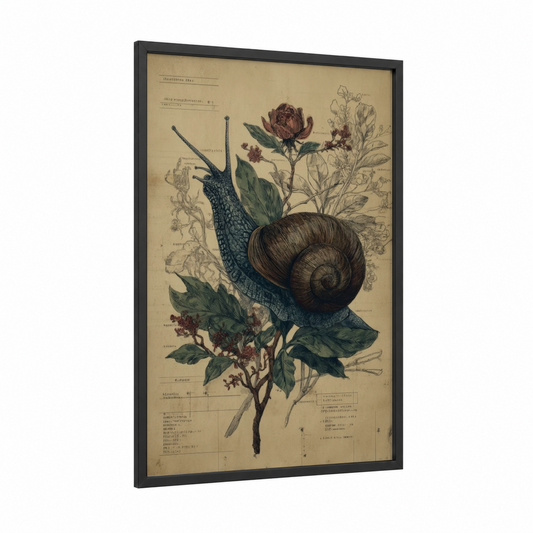 Garden Snail Study framed art print — black wood frame — cream and sage green palette