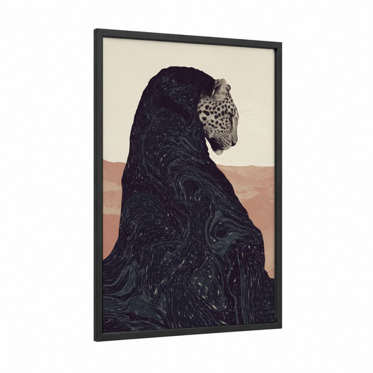 Desert Leopard framed art print — black wood frame — black and peach palette