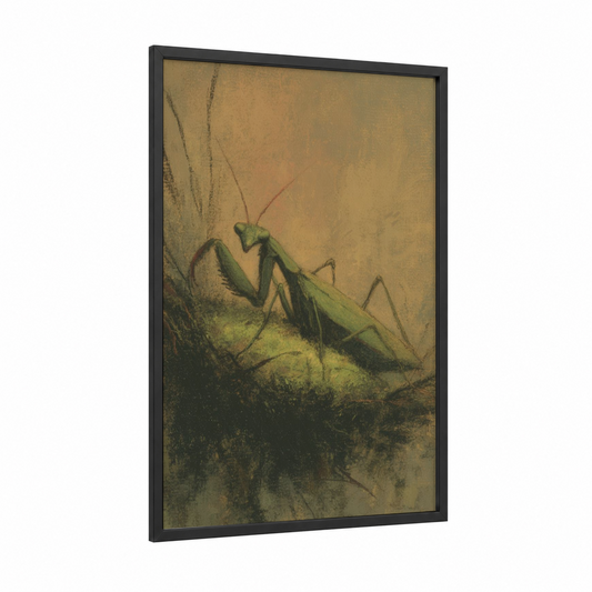 Contemplative Mantis framed prayin mantis print — black wood frame — gold and green palette